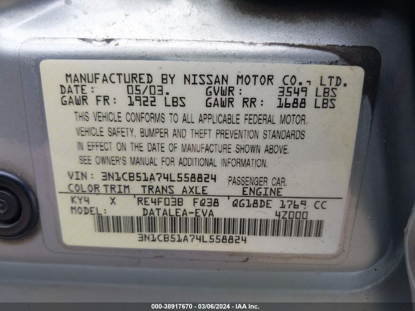 2004 Nissan Sentra 1.8S VIN: 3N1CB51A74L558824 Lot: 38917670