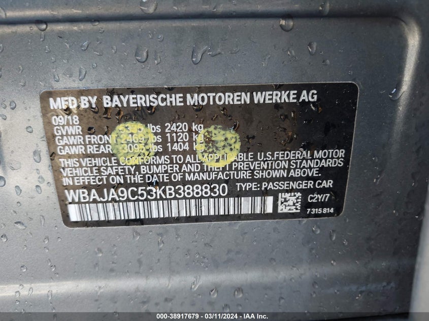 VIN: WBAJA9C53KB388830 2019 BMW 530E IPERFORMANCE