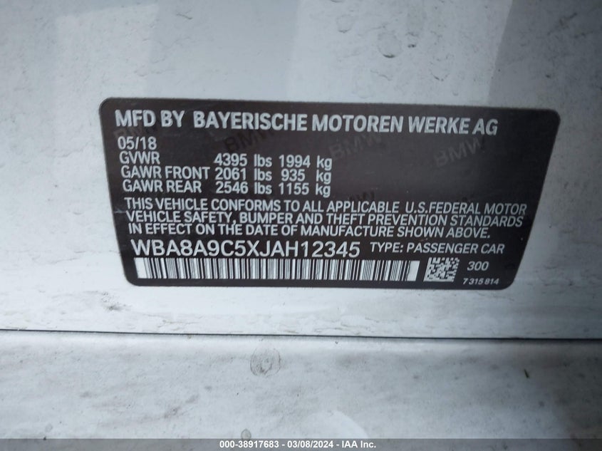 2018 BMW 320I VIN: WBA8A9C5XJAH12345