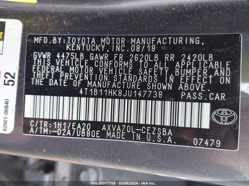 2018 TOYOTA CAMRY SE - 4T1B11HK8JU147738