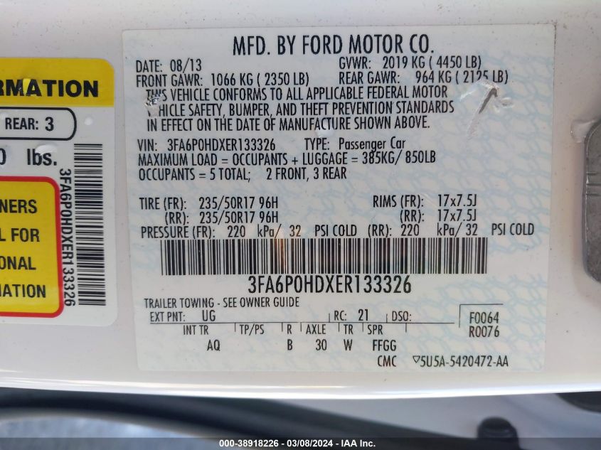 2014 FORD FUSION SE - 3FA6P0HDXER133326