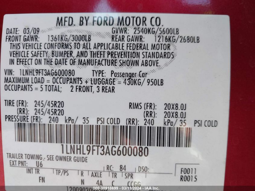 2010 Lincoln Mks Ecoboost VIN: 1LNHL9FT3AG600080 Lot: 38918699