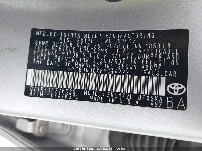 2017 TOYOTA COROLLA SE - 5YFBURHEXHP644222