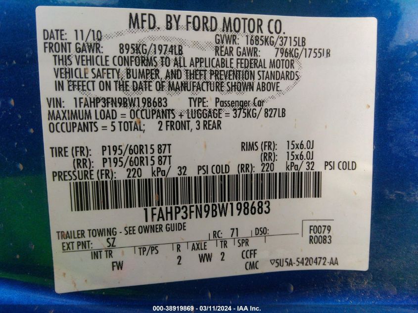 2011 Ford Focus Se VIN: 1FAHP3FN9BW198683 Lot: 38919869