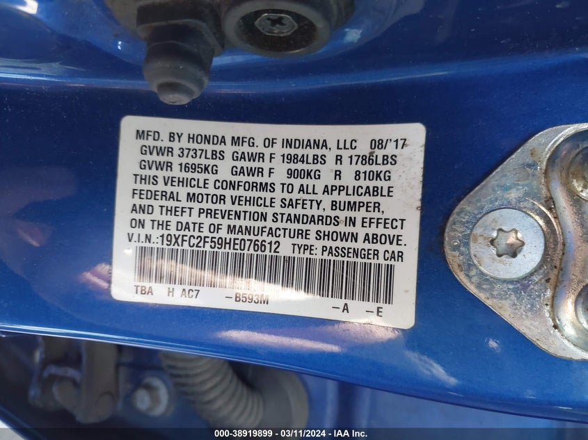 VIN 19XFC2F59HE076612 2017 HONDA CIVIC LX