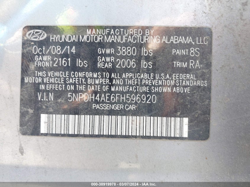 2015 HYUNDAI ELANTRA SE/SPORT/LIMITED - 5NPDH4AE6FH596920