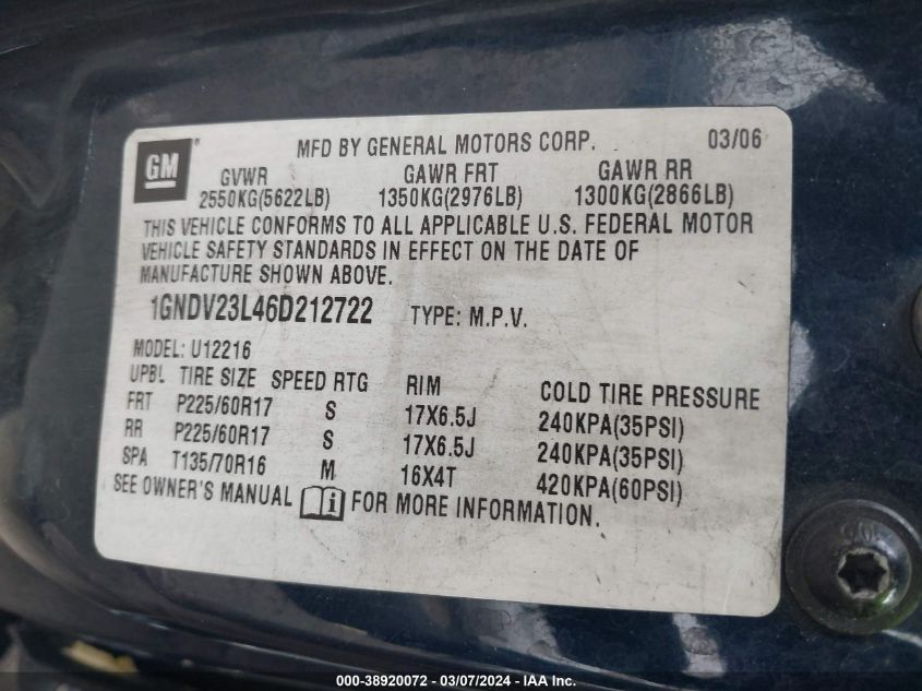 2006 Chevrolet Uplander Ls VIN: 1GNDV23L46D212722 Lot: 38920072