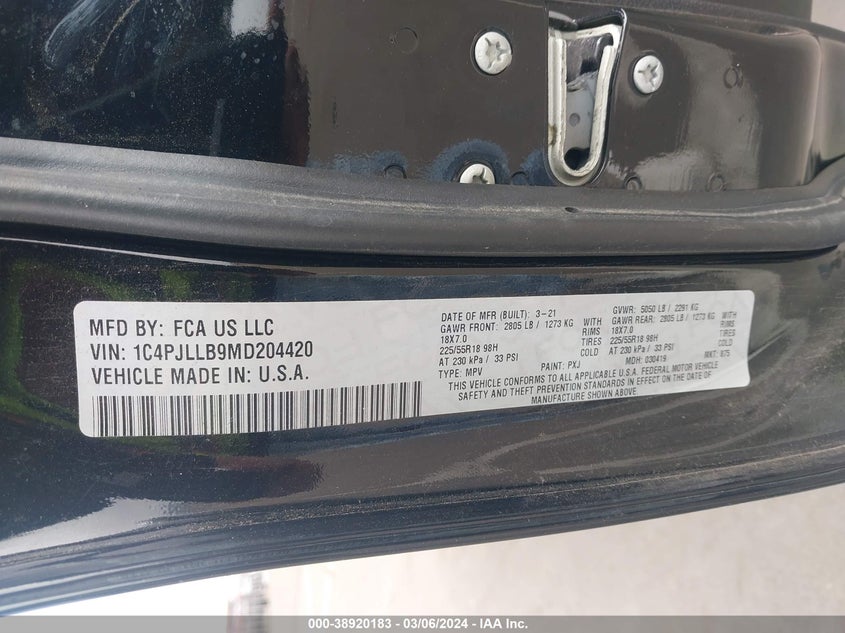 2021 JEEP CHEROKEE 2.4L I-4 VVT, 180HP(VIN: 1C4PJLLB9MD204420
