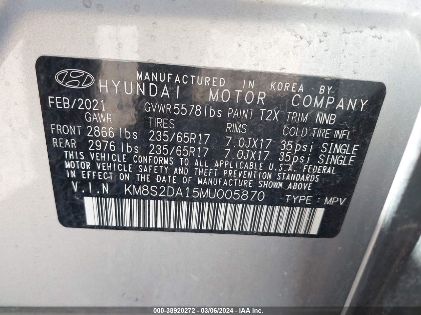 KM8S2DA15MU005870 2021 Hyundai Santa Fe Hybrid Blue