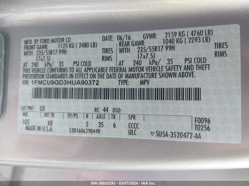 VIN 1FMCU9GD3HUA90372 2017 FORD ESCAPE SE