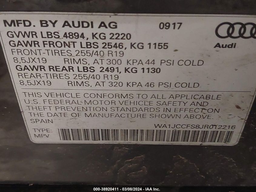 WA1JCCFS8JR012216 2018 Audi Q3 2.0T Premium/2.0T Sport Premium