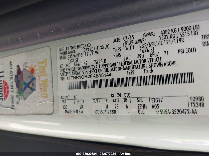 2015 Ford Transit-250 VIN: 1FTNR1CM2FKB18144 Lot: 38920584