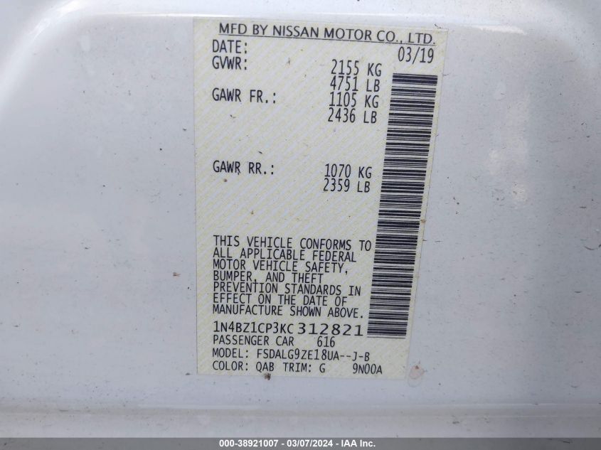 2019 NISSAN LEAF SL PLUS - 1N4BZ1CP3KC312821