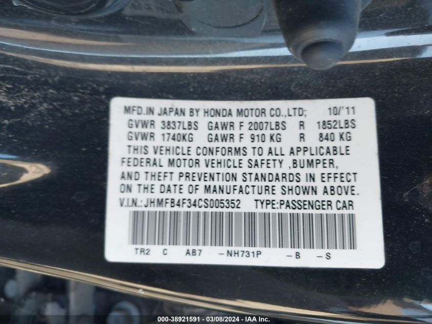 2012 Honda Civic Hybrid VIN: JHMFB4F34CS005352 Lot: 38921591