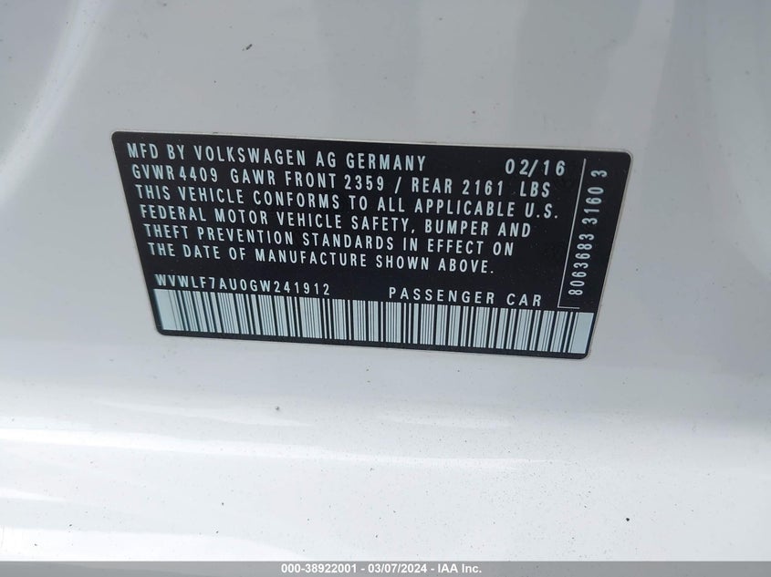 2016 VOLKSWAGEN GOLF R 4-DOOR - WVWLF7AU0GW241912