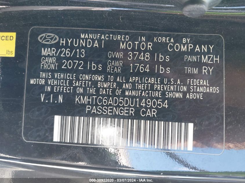 2013 Hyundai Veloster Base W/Black VIN: KMHTC6AD5DU149054 Lot: 38922020
