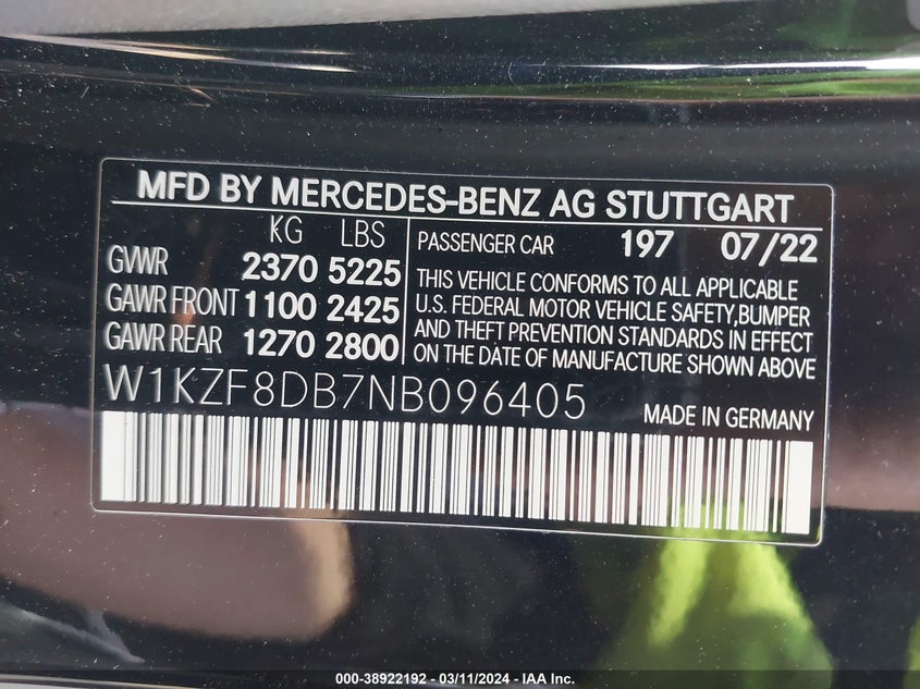 VIN W1KZF8DB7NB096405 2022 MERCEDES-BENZ E 350