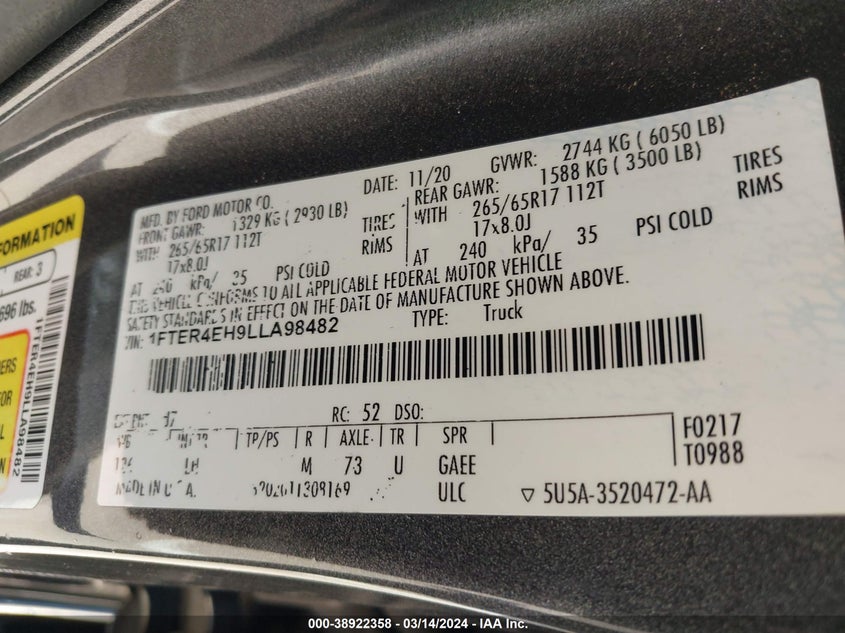 VIN 1FTER4EH9LLA98482 2020 FORD RANGER XL/XLT/LARIAT