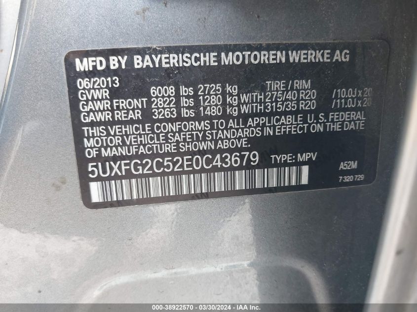 VIN 5UXFG2C52E0C43679 2014 BMW X6, Xdrive35I no.9