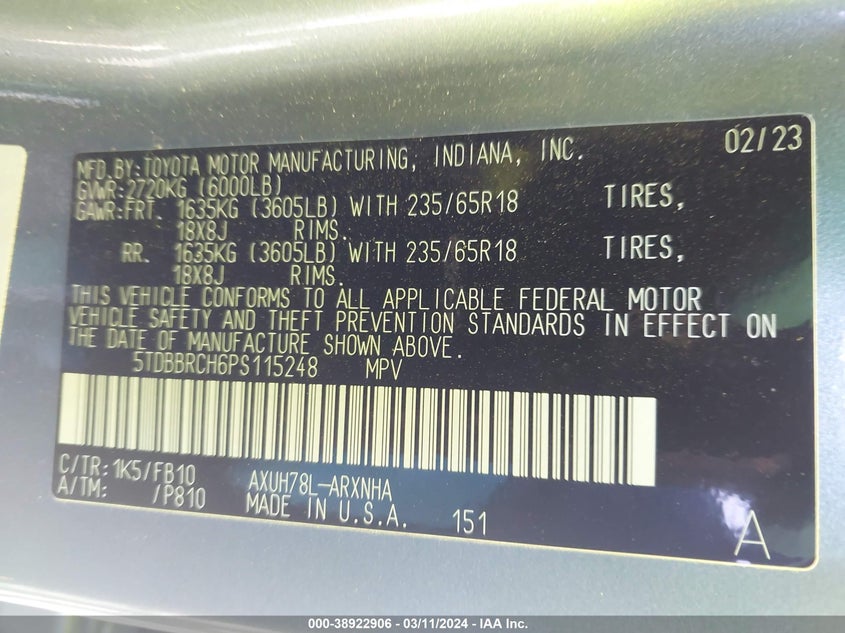 2023 TOYOTA HIGHLANDER VIN: 5TDBBRCH6PS115248