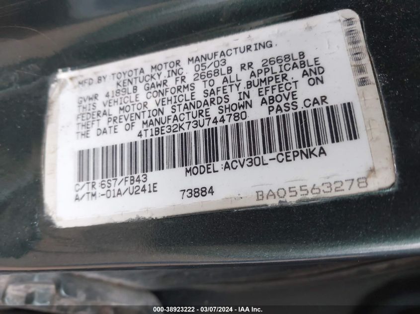 4T1BE32K73U744780 2003 Toyota Camry Le