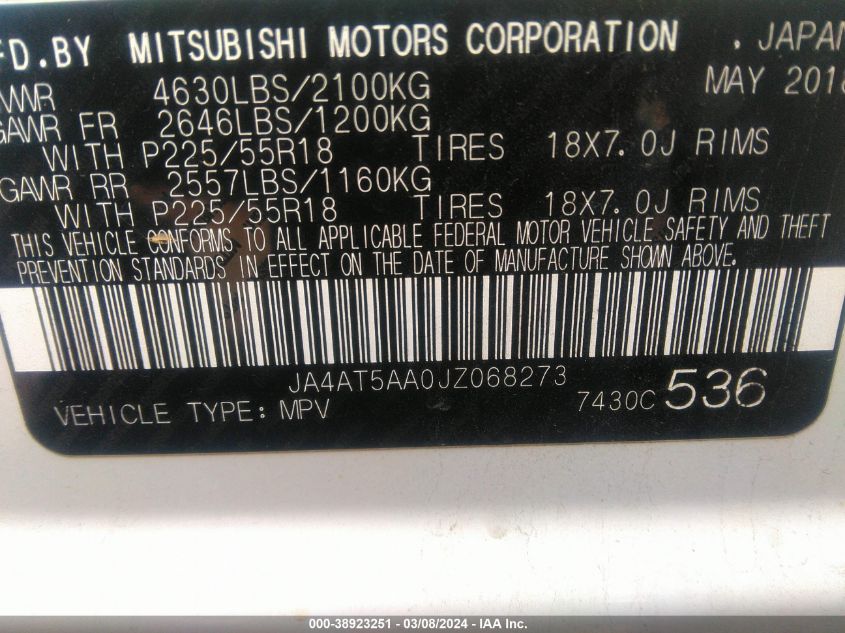 2018 Mitsubishi Eclipse Cross Se/Sel VIN: JA4AT5AA0JZ068273 Lot: 38923251