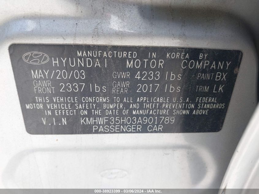 2003 Hyundai Sonata Gls/Lx VIN: KMHWF35H03A901789 Lot: 38923399