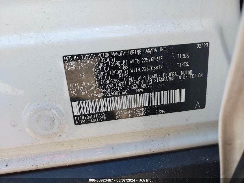 2T3RWRFV2LW082066 2020 Toyota Rav4 Xle Hybrid