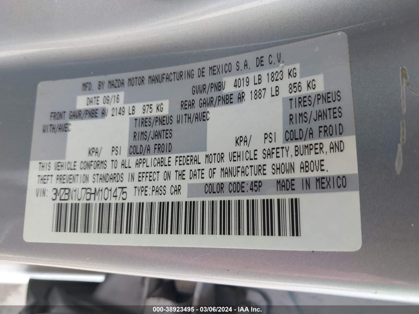 2017 MAZDA MAZDA3 SPORT - 3MZBN1U76HM101475