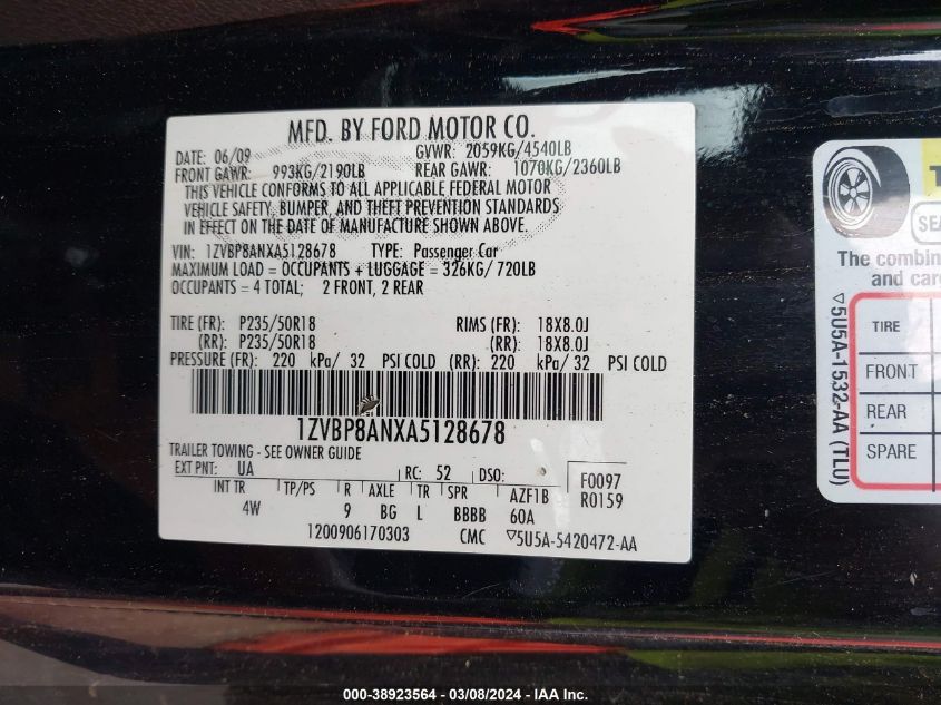 2010 Ford Mustang V6/V6 Premium VIN: 1ZVBP8ANXA5128678 Lot: 38923564