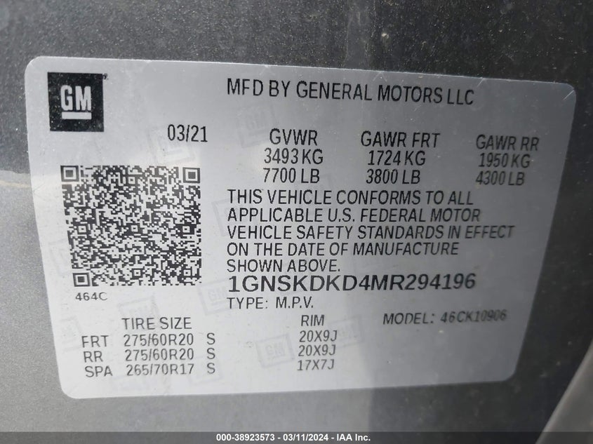 2021 CHEVROLET SUBURBAN 4WD Z71 - 1GNSKDKD4MR294196