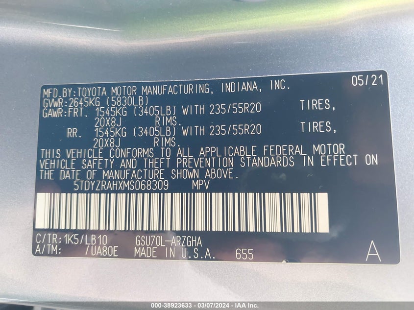 2021 TOYOTA HIGHLANDER VIN: 5TDYZRAHXMS068309