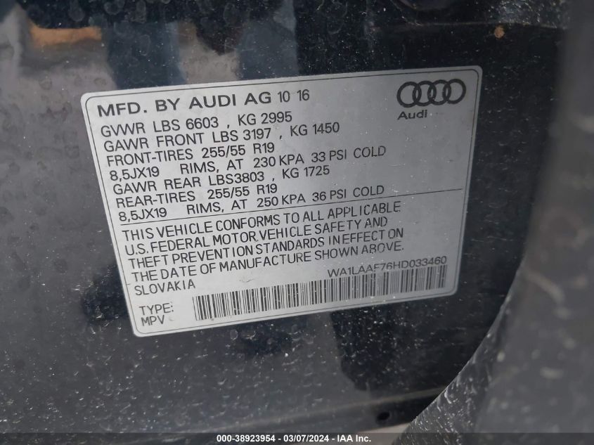 2017 Audi Q7 3.0T Premium VIN: WA1LAAF76HD033460 Lot: 38923954