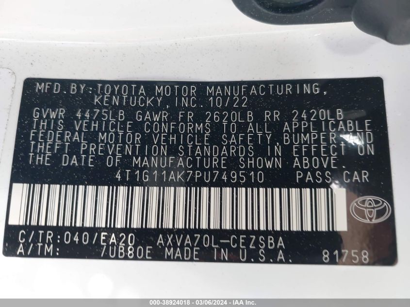 2023 Toyota Camry Se VIN: 4T1G11AK7PU749510 Lot: 38924018