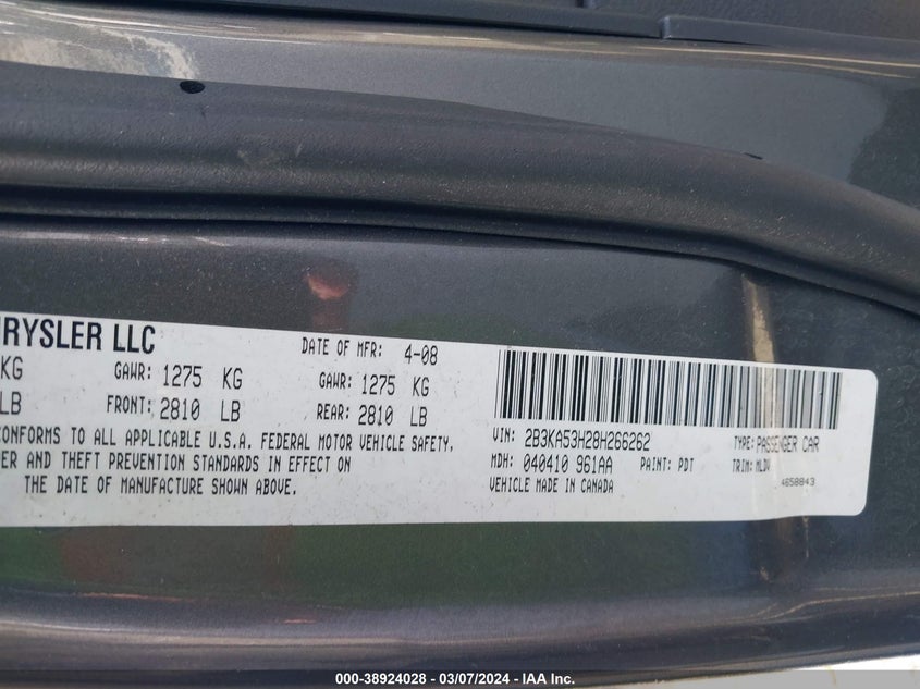 2008 Dodge Charger R/T VIN: 2B3KA53H28H266262 Lot: 38924028