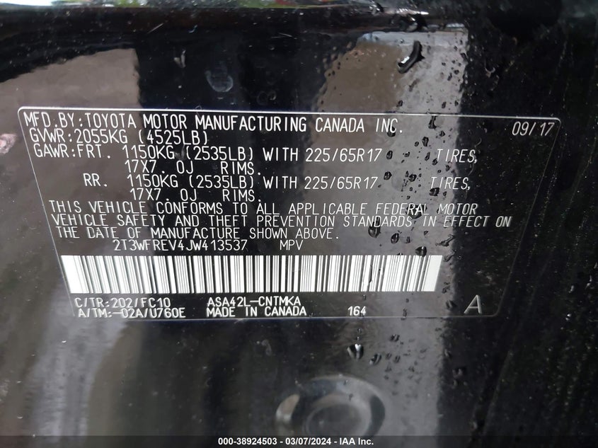VIN 2T3WFREV4JW413537 2018 TOYOTA RAV4 XLE