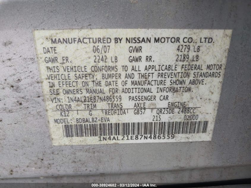 1N4AL21E87N486559 2007 Nissan Altima 2.5 S