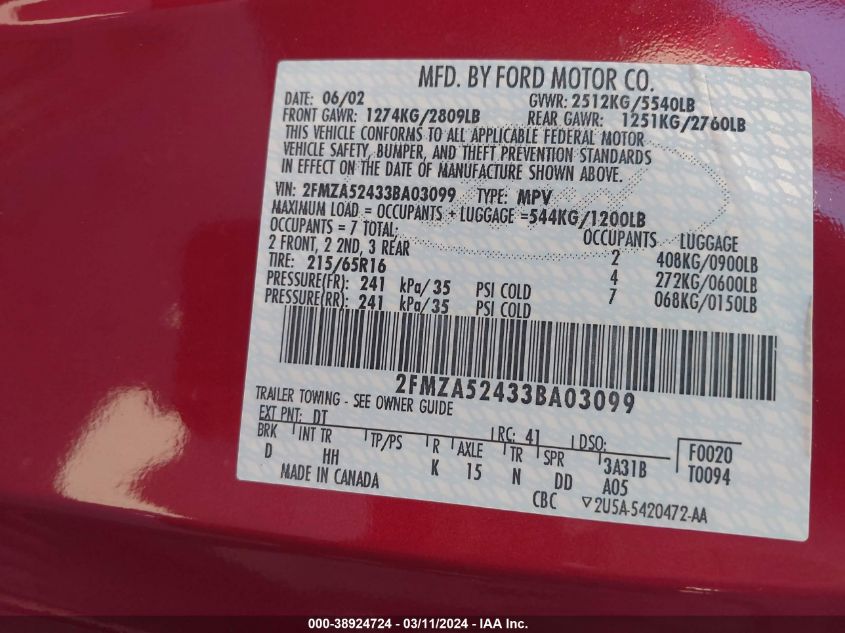 2003 Ford Windstar Se VIN: 2FMZA52433BA03099 Lot: 38924724