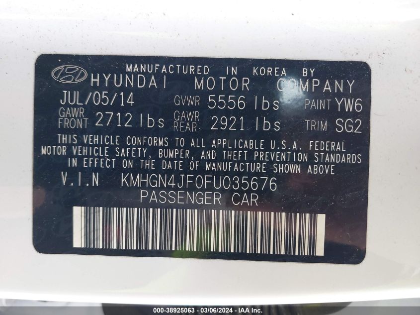 2015 Hyundai Genesis 5.0 VIN: KMHGN4JF0FU035676 Lot: 38925063