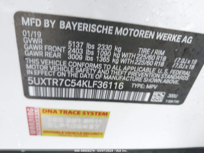 5UXTR7C54KLF36116 2019 BMW X3 Sdrive30I