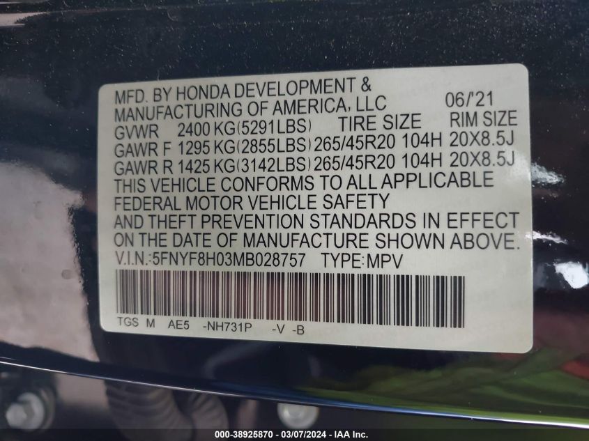 2021 Honda Passport Elite VIN: 5FNYF8H03MB028757 Lot: 38925870