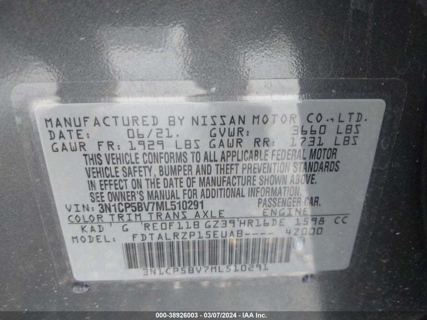 VIN 3N1CP5BV7ML510291 2021 NISSAN KICKS S XTRONIC CVT