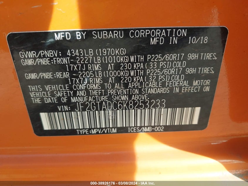 VIN JF2GTADC6K8253233 2019 SUBARU CROSSTREK PREMIUM