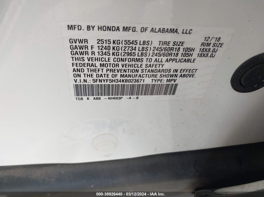 2019 HONDA PILOT EX - 5FNYF5H34KB023671