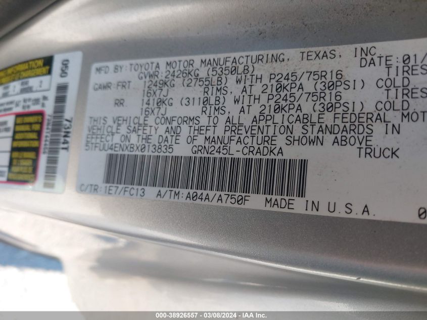2011 Toyota Tacoma Base V6 VIN: 5TFUU4ENXBX013835 Lot: 38926557
