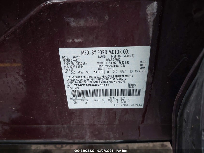 VIN 2FMPK4J94LBB44131 2020 FORD EDGE SEL