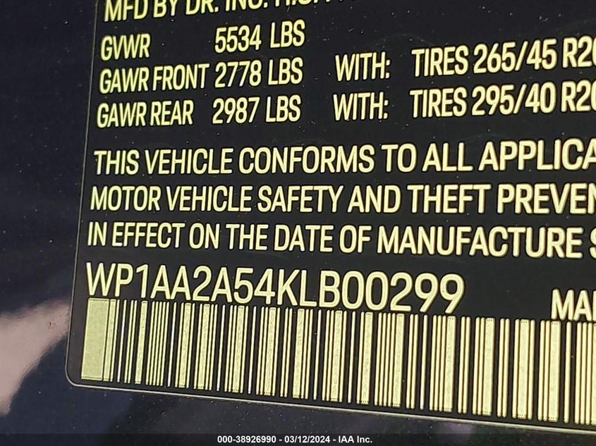 VIN WP1AA2A54KLB00299 2019 PORSCHE MACAN