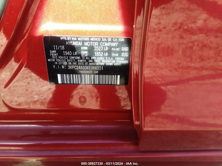 2019 Hyundai Accent Se VIN: 3KPC24A30KE066551 Lot: 38927330