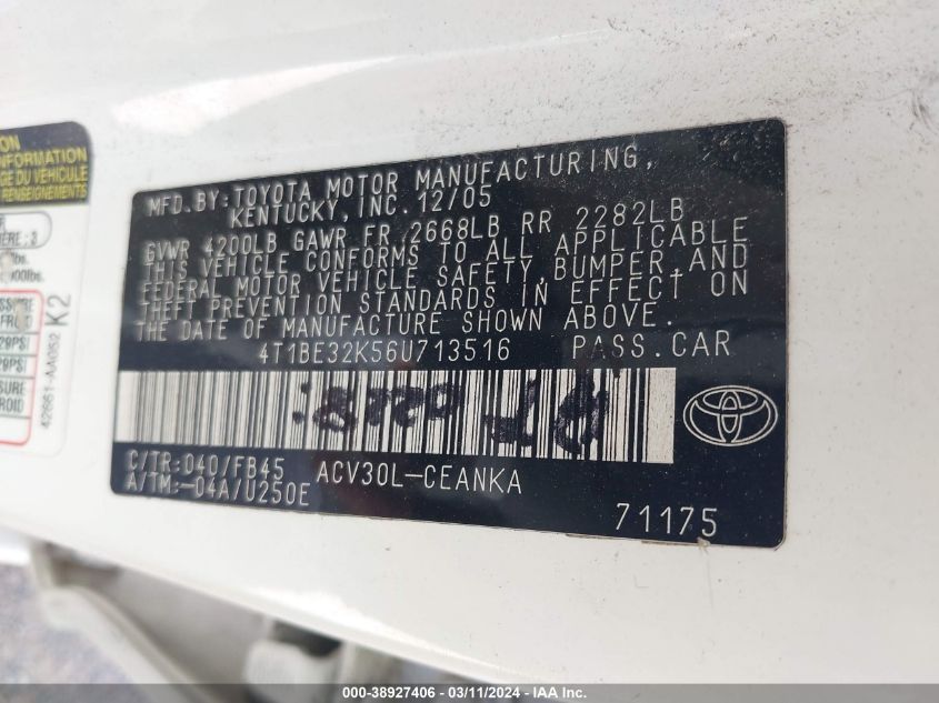 2006 Toyota Camry Le VIN: 4T1BE32K56U713516 Lot: 38927406