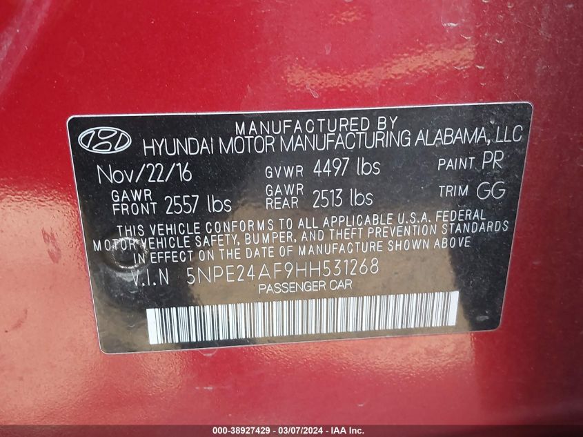 2017 Hyundai Sonata VIN: 5NPE24AF9HH531268 Lot: 38927429